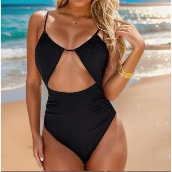 BMJL Women’s Black One-Piece Swimsuit Large Plunge Cutout Cheeky Monokini - Picture 1 of 4